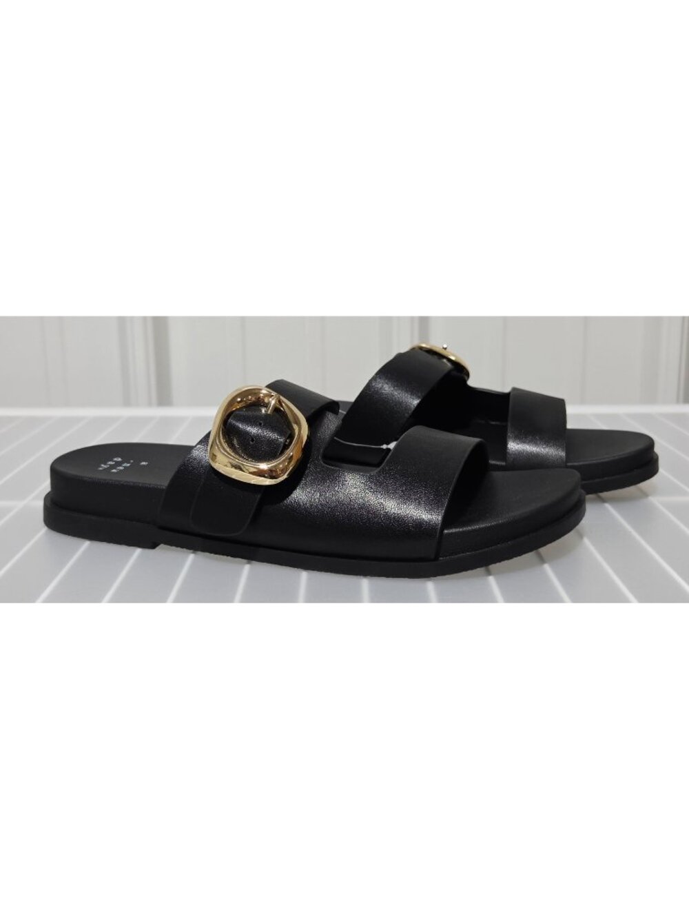 A New Day Meg Black & Gold Buckle Slip On Open Toe Sandals -- Women's Size 7
